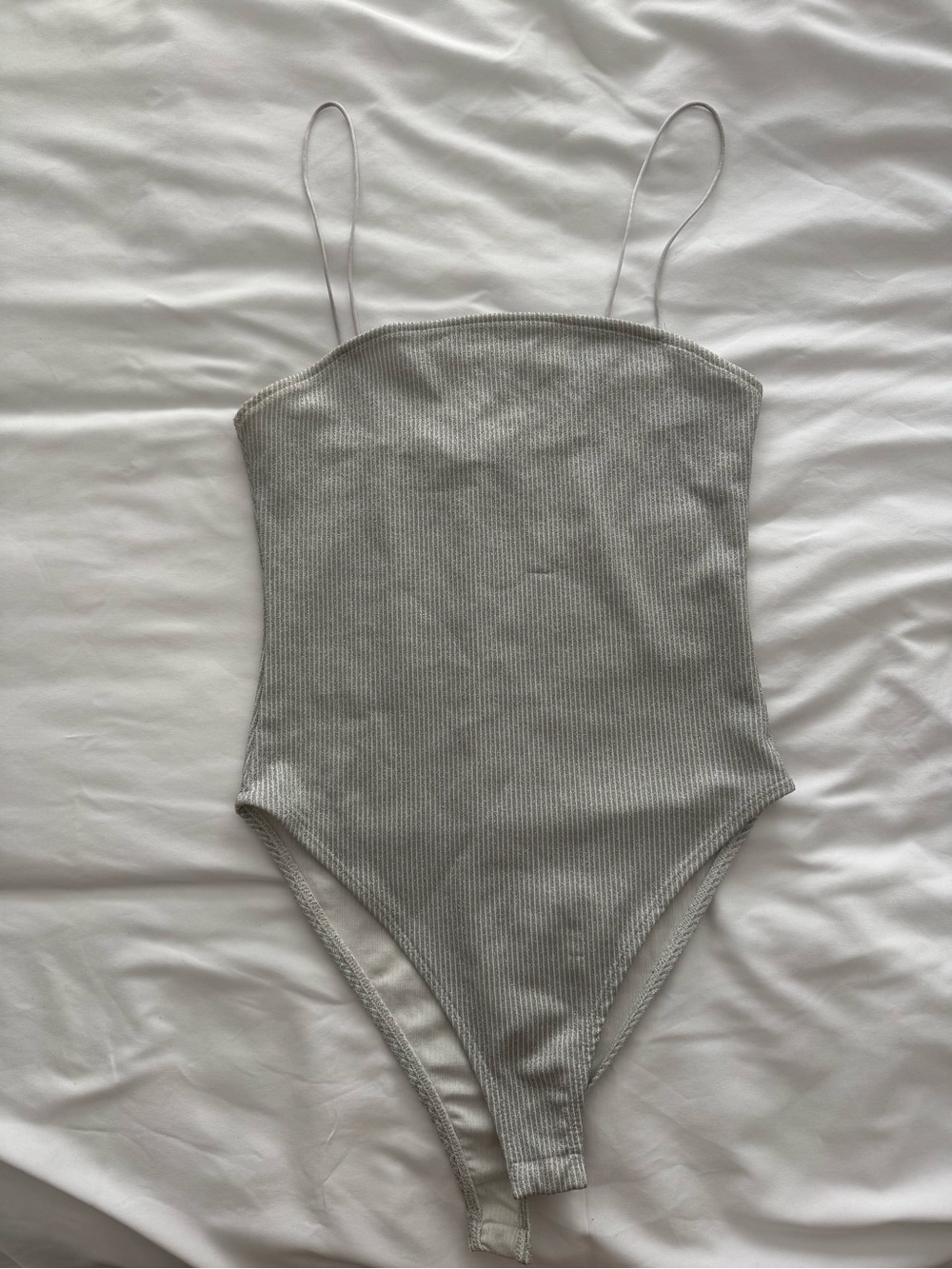 Zara silver Ribbed Spaghetti-Strap One-Piece Bodysuit